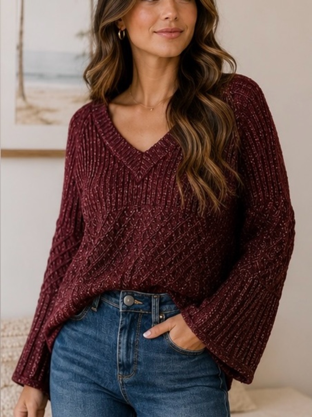 Cabi Burgundy Marled Cable Knit Sweater | Size Small
